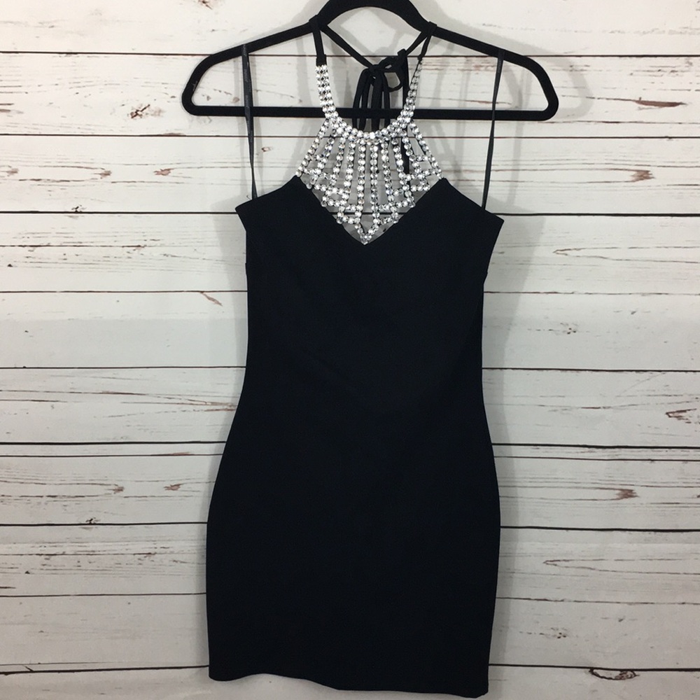 Jeweled Halter Black Dress